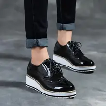 Brand Black Bright Patent Leather Platform Casual Shoes Woman Point-Toe Lace-Up Oxford Shoes New Withe Soles Bullock Shoes