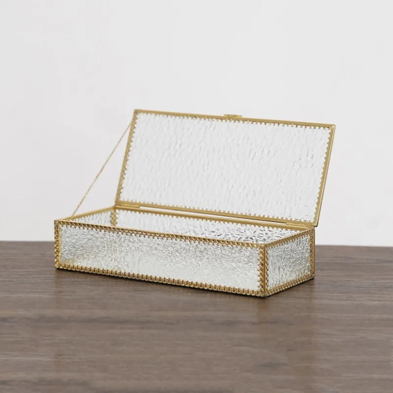 Прозрачная стеклянная коробка для ювелирных изделий, Золотая Шкатулка для ювелирных изделий, уникальная 4 уголка, Геометрическая коробка для колец, свадебные украшения, украшение для дома