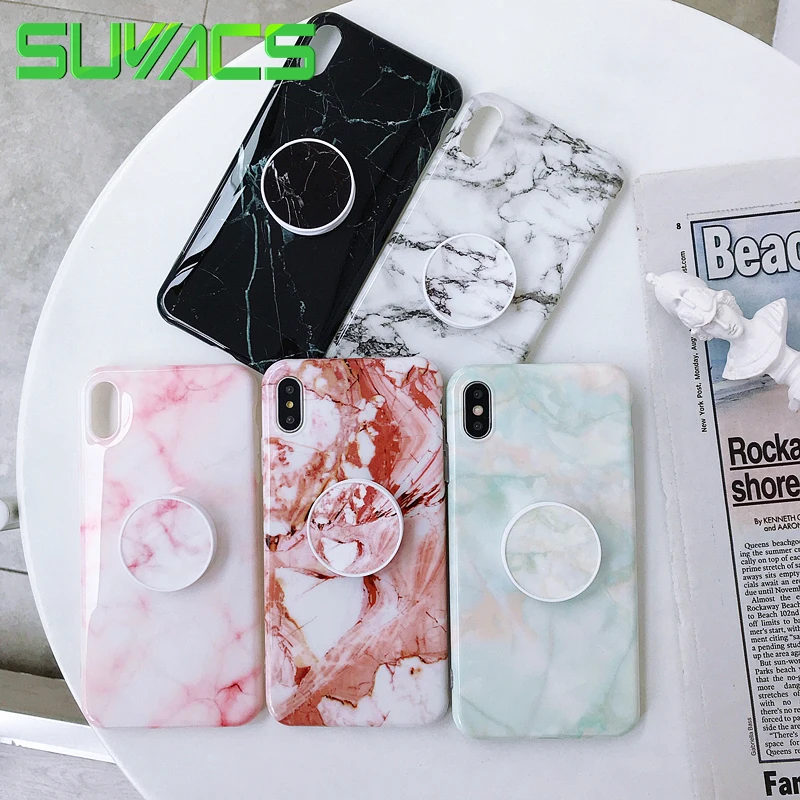 

SUYACS Glossy Marble With Folding Telescopic Kickstand IMD Soft Case For iPhone XS MAX XR X 6 6S 7 8 Plus Phone Cases Coque