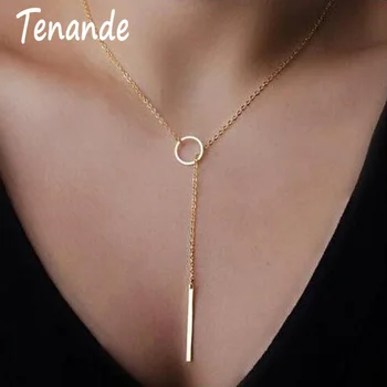

Tenande Hot Sale Long Sweater Chain Neckalaces Lariat Gold Color Small Stripe Circle Necklaces & Pendants Women Femme Bijoux