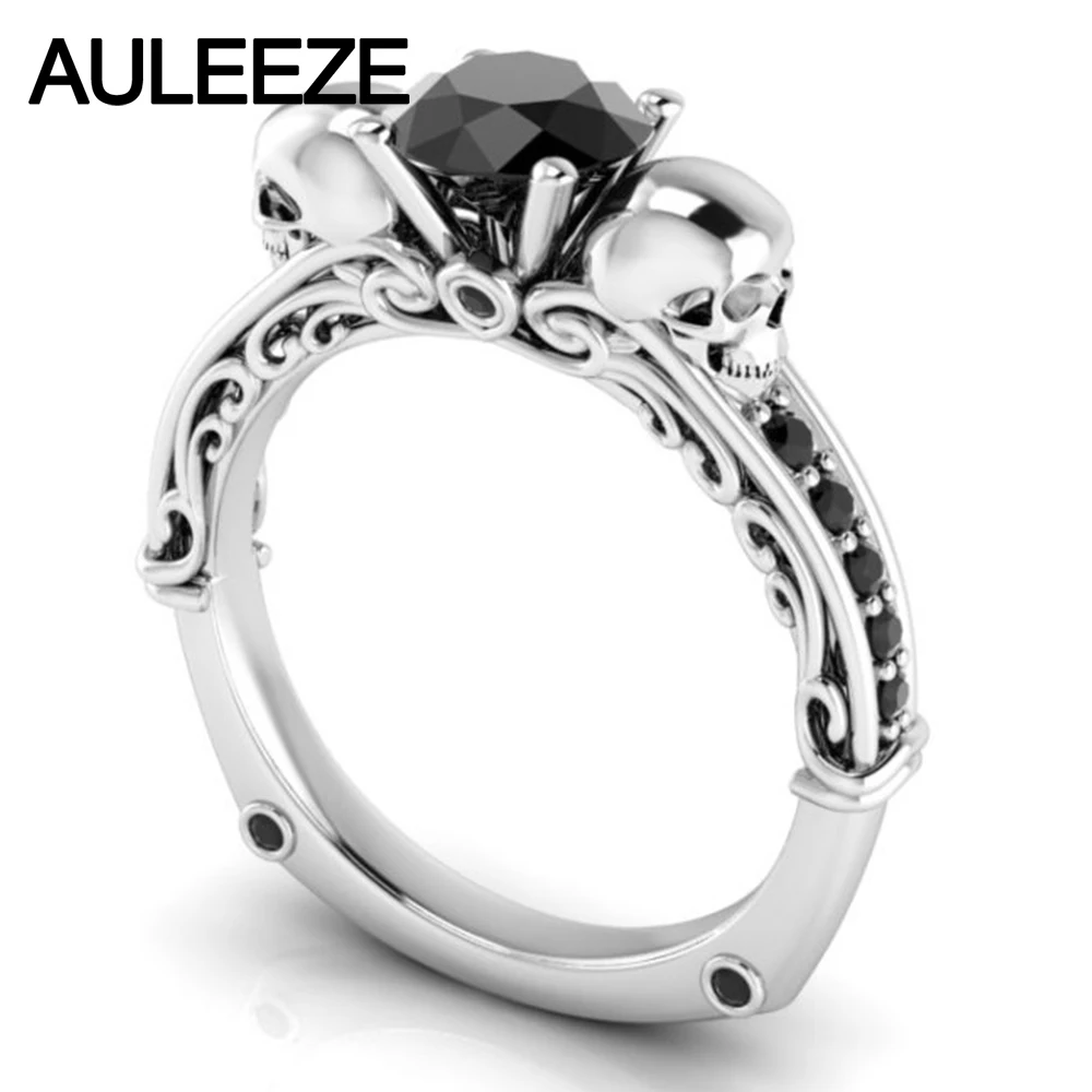 

Halloween Filigree Wedding Band 10K White Gold Engagement Ring Natural Black Agate Ring Scrollwork Double Skull Alternative Ring
