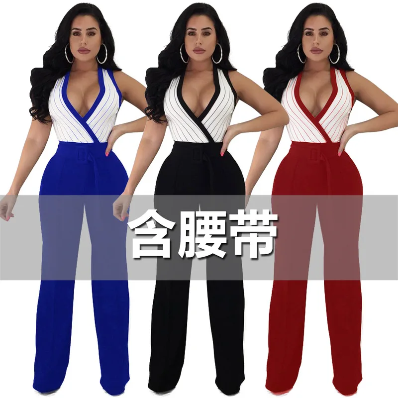 

new stripe printed sleeveless wide legged jumpsuits sells Europe and America jumpsuits spot