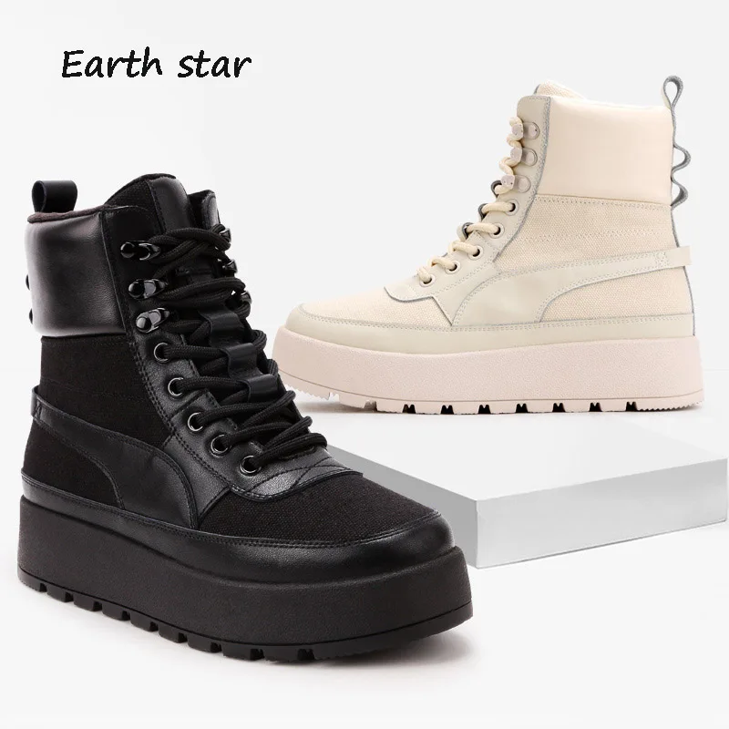 

botas mujer Casual Platform Shoes Women Fashion Brand Warm Snow Boots Lady chaussure Winter New Female footware Cross-tied Black
