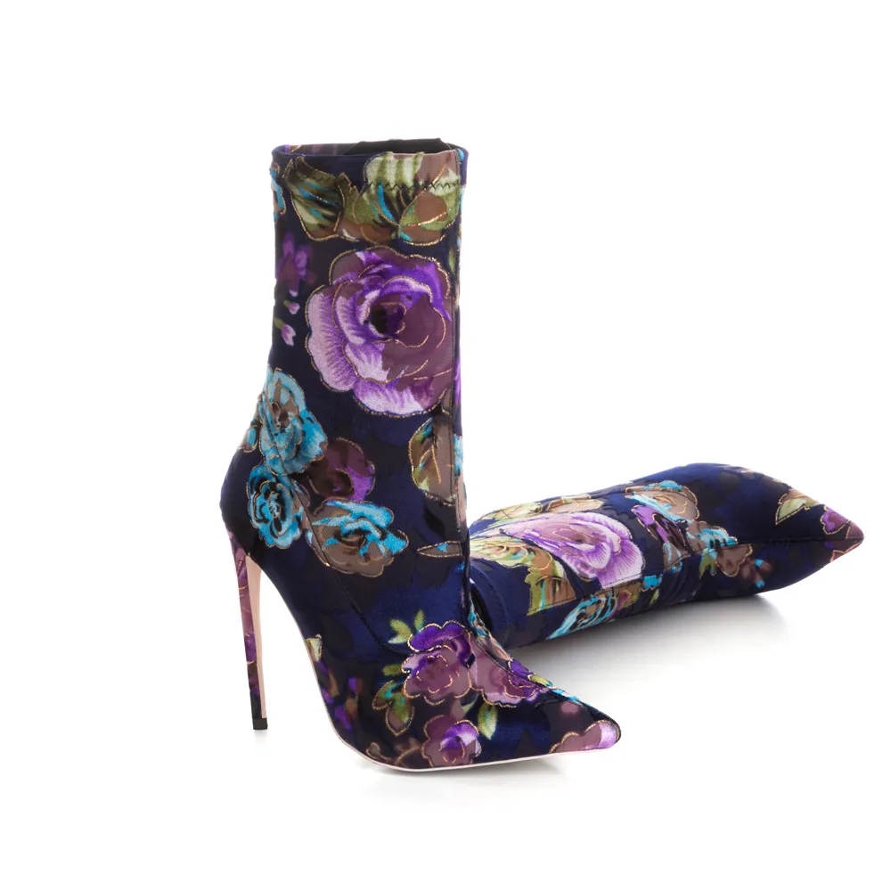 Mcacchi/ г. Брендовая женская обувь растягивающиеся ботинки с вышитыми цветами, большой размер 33-43 женские пикантные ботинки на тонком каблуке с острым носком и принтом