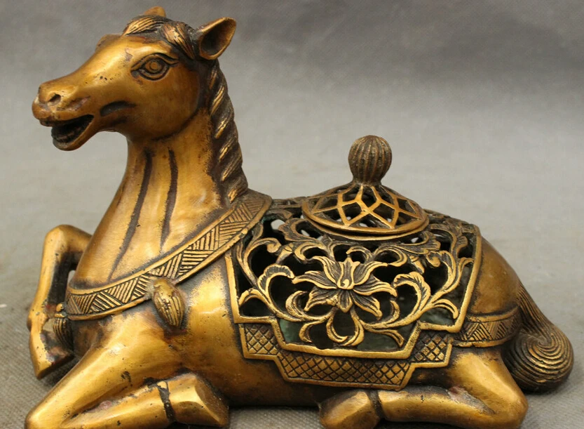 

song voge gem S4231 Classical Chinese Bronze Palace Decorate Horse Statue Incense Burner Box Jar Set