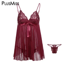 PlusMiss Plus ขนาดเซ็กซี่สีแดง Vintage ลูกไม้ชุดนอนเร้าอารมณ์ดูผ่านชุดชั้นในสตรี Nightgown Night ชุด(China)