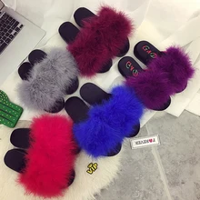 35-42 süß candy farbe sommer frauen natürlichen feder truthahn fell fuzzy hausschuhe slides maultiere frauen offene spitze flache schuhe 5 farben