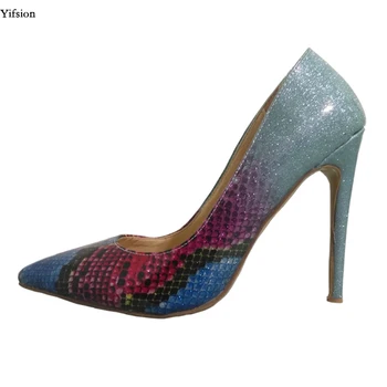 

Olomm New Stylish Women Shiny Pumps Stiletto Heels Shoes Pointed Toe Gorgeous Blue Party Dress Shoes Women Plus US Size 5-15