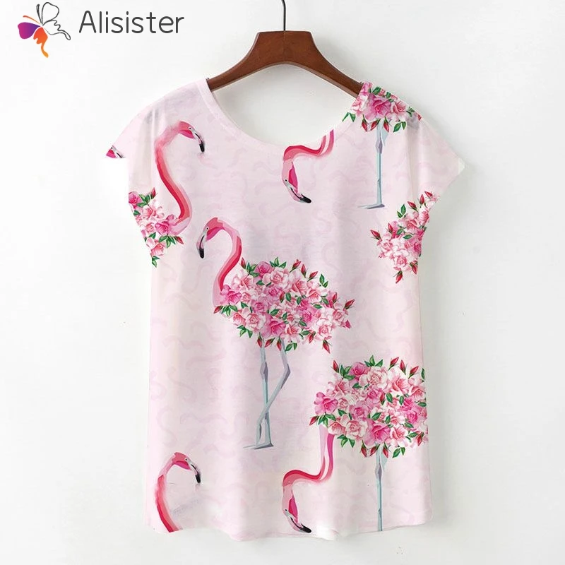 

2019 Multi Color Summer Flamingo Floral Print T-shirt Women Short Sleeve O Neck Loose Tshirt Casual Party School Tops Tees