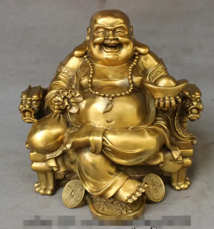 

song voge gem S7169 11"Chinese Pure Brass Dragon Coin YuanBao Bag Happy Laugh Maitreya Buddha Statue