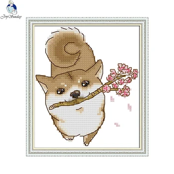 

The Dog Gently Bites the Peach Blossoms Printed Canvas DIY Cross Stitch DMC 14CT and 11CT For Embroidery Home Decor Needlework