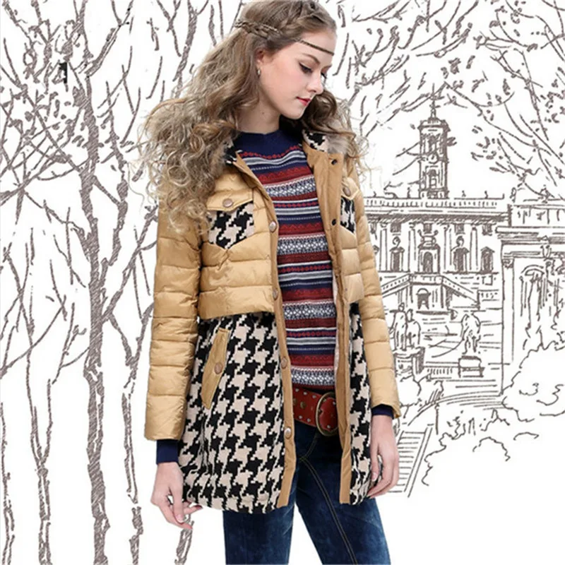 Vintage Winter Warm Women Plaid Down Coat Collection Parka Brand Fur Collar Hood Thick Jacket