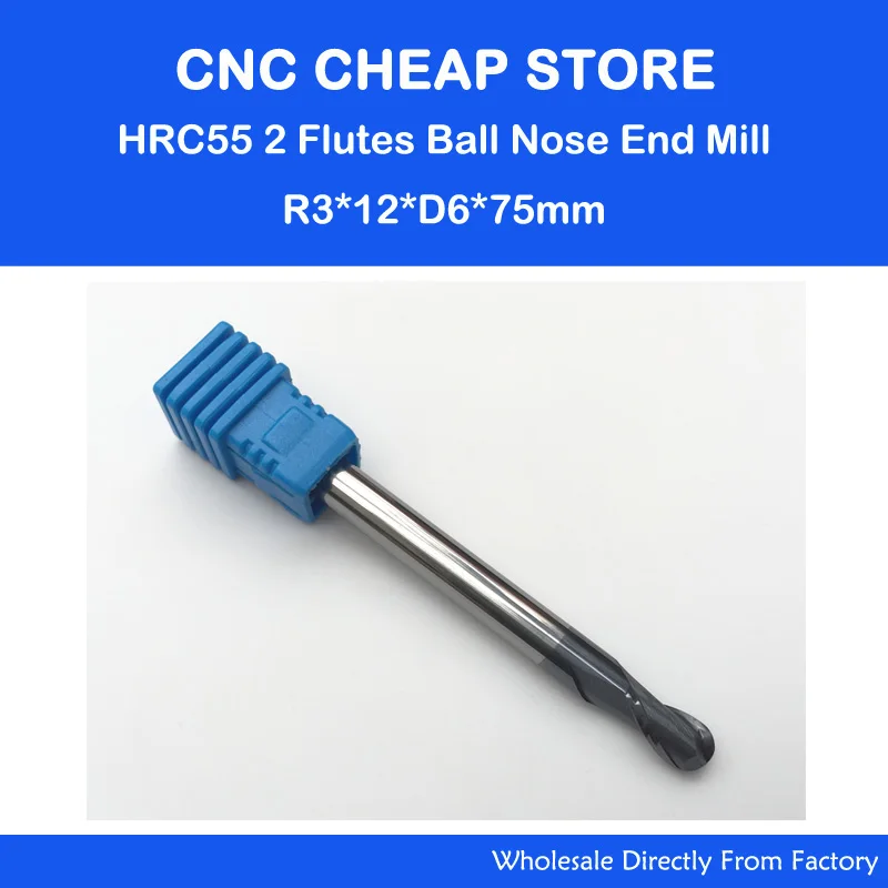 

2pcs R3.0 HRC55 75MM 2 two double Flutes Ball Nosed End Mill, CNC Router Milling Cutters Solid Carbide Cutting Tools 6*6*12*75mm