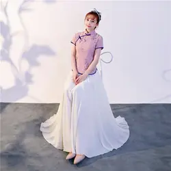 Китайский Для женщин улучшилось тонкий рубашка Винтаж воротник-стойка блузка Китайский Стиль ручной работы Топ на пуговицах короткий