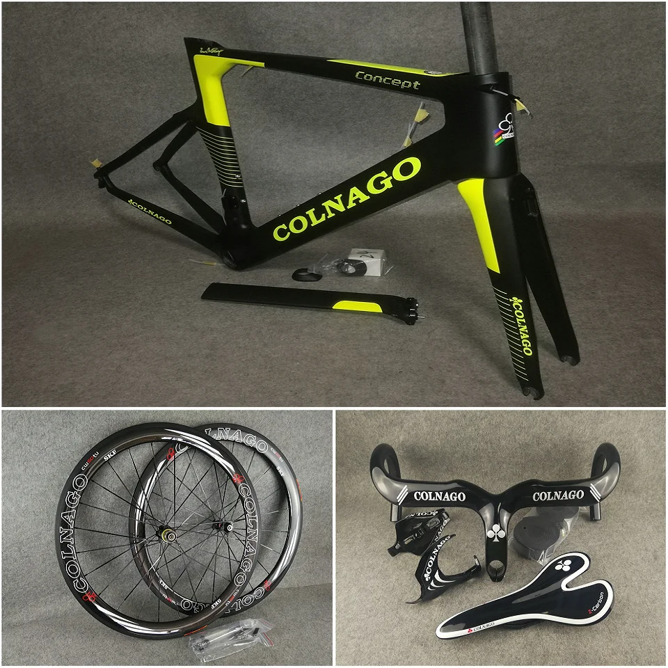 

Black Yellow Fluo T1000 UD Colnago CONCEPT carbon road frames Handlebar Saddle Bottle cages 50mm carbon wheels Novatec A271 hubs
