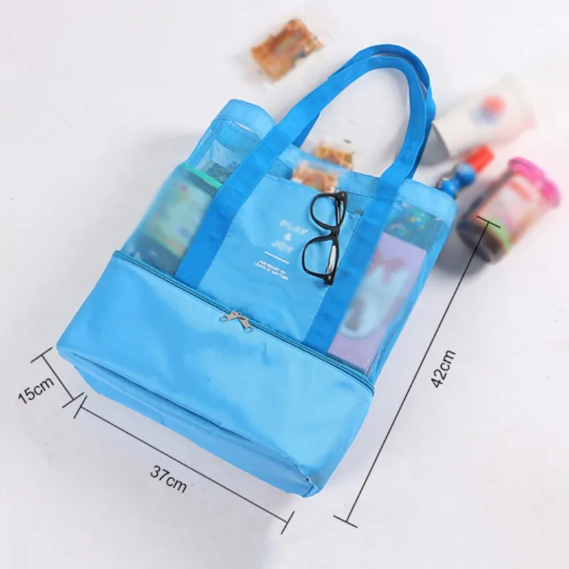 Портативная сумка с изоляцией еды, ручная сумка для обеда, изолированная сумка-холодильник для пикника, сетчатая пляжная сумка, спортивная сетчатая двухслойная сумка для хранения