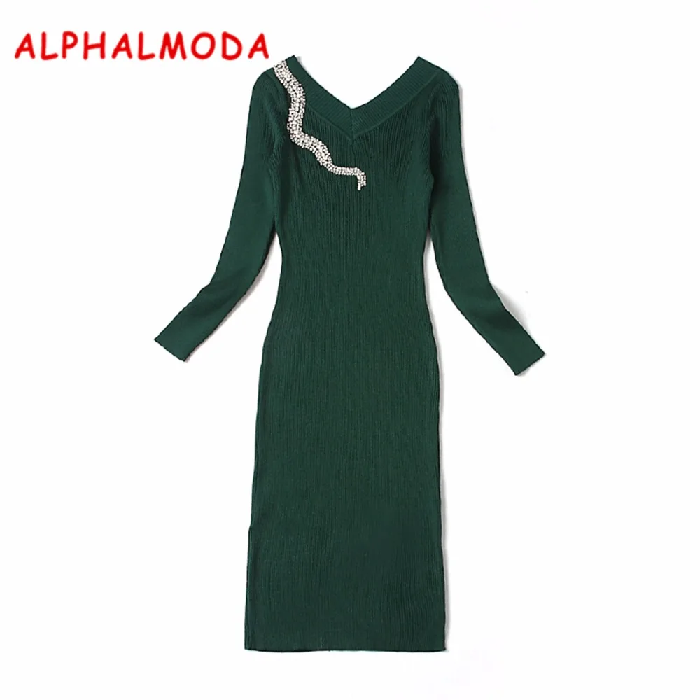 ALPHALMODA 2017 рождественское женское Элегантное трикотажное платье с кристаллами v