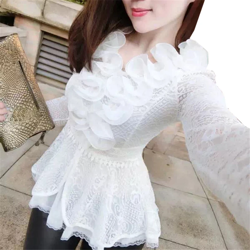 

New Spring Autumn Women Blouse Sweet Floral Lace Shirt Long Sleeve Mesh Ruffles Blouses Sexy Lady Slim Short Blusas Tops SF929