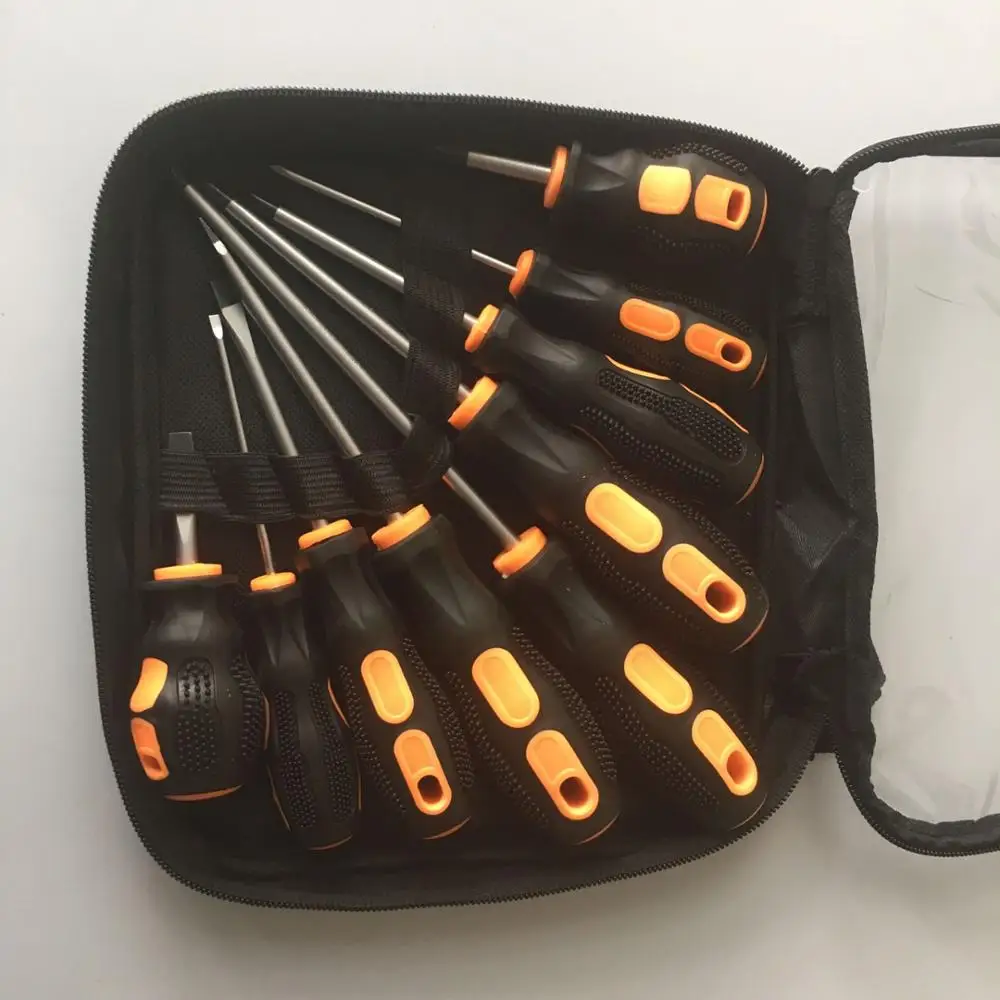 

9PCS screwdriver set Cr- V Screw Driver Destornillador chave de fenda papelaria With rubber wrapped handle and Bag