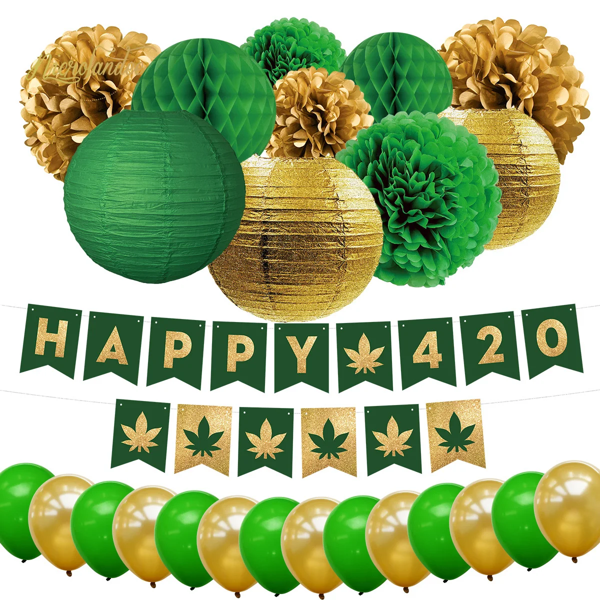 

NICROLANDEE 26 pcs/set Happy 420 Party Celebration Decoration Kit Gold Green Paper Flower Lantern Balloons Home Party DIY