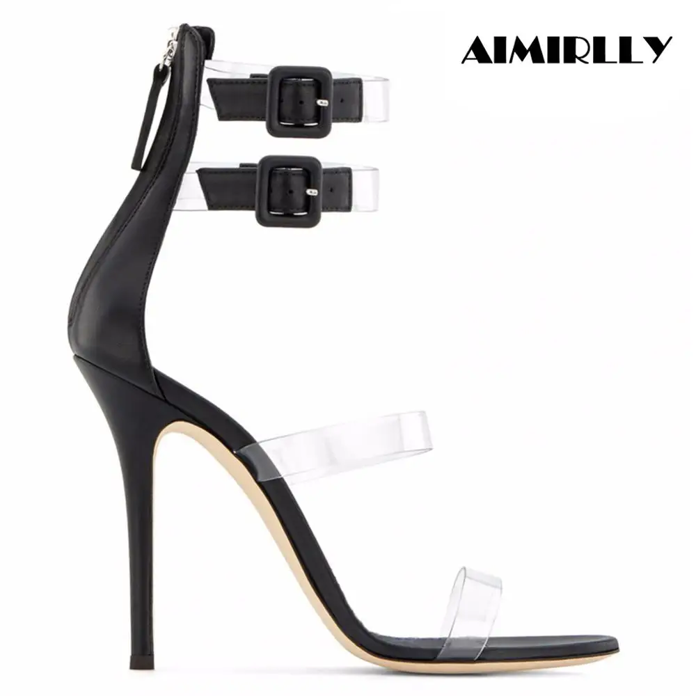 

2019 New Women Shoes High Heels Stiletto Sandals Open Toe Ankle Buckle PVC Straps Spring Summer Party Evening Dress Shoes Black
