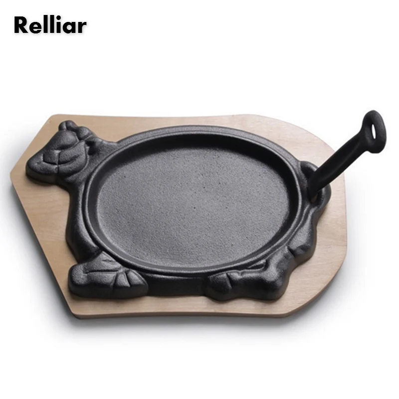 

Cast iron Cow shaped Hot Pans with Wooden Plate and Removable Handle Uncoated Steak Pan Health Cookware