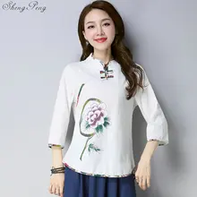 Традиционная китайская блузка, рубашка, топы для женщин, воротник мандарина, Восточная льняная Женская рубашка блузка зимний чеонгам, топ Q732
