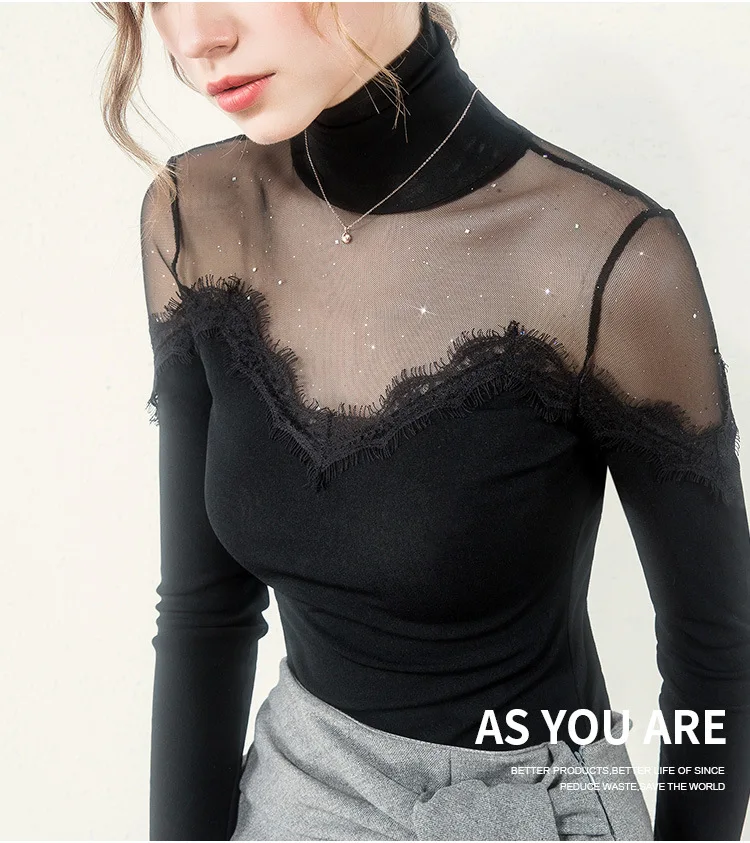 New T shirt Women Transpanrent Mesh Patchwork Eyelash Lace Elegant Sexy Turtleneck Tops Bottoms Stretchy Long Sleeve T91095