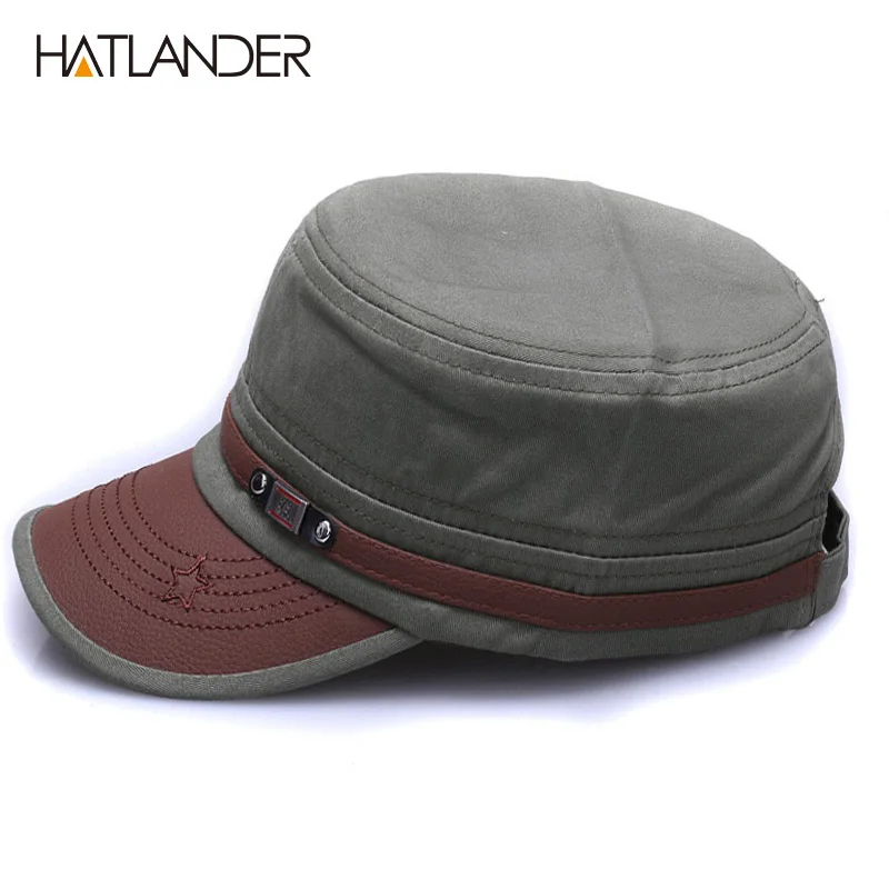  [HATLANDER]New fashion cotton Military hats for men women adjustable Flat top Army caps naval vinta