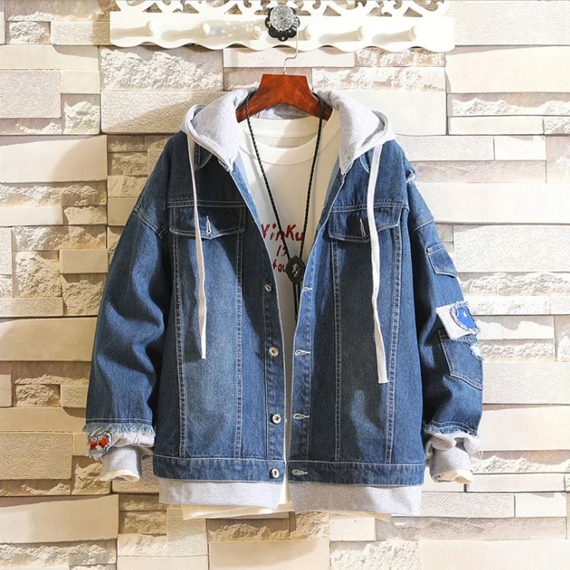 

2018 New Autumn Fashion Men's Jacket Personality Designer Spliced Hooded Coat Denim Jacket Men High Street Hip Hop Jacket Homme