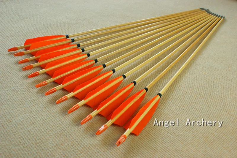 

12PK Archery Handmade Wooden Arrows For Longbow Orange Shield Flecthing Field Point