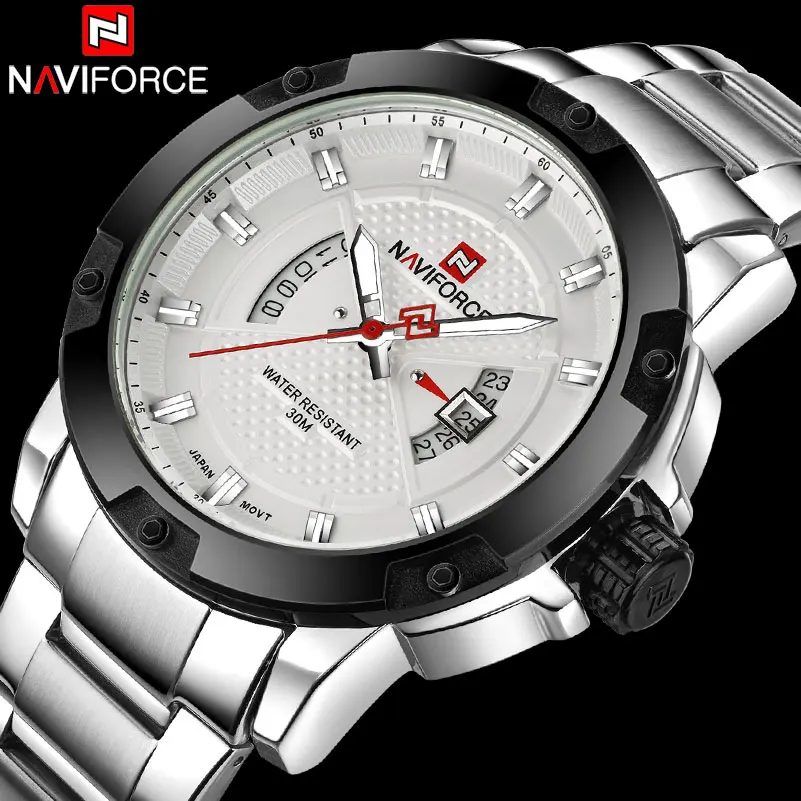 NAVIFORCE мужские часы Роскошные спортивные кварцевые серебряные деловые стальные 30