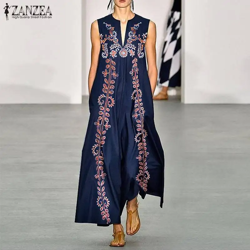 

Women's Printed Sundress 2019 ZANZEA Maxi Dress Bohemian Fashion Sexy V Neck Long Vestidos Female Sleeveless Robe Plus Size