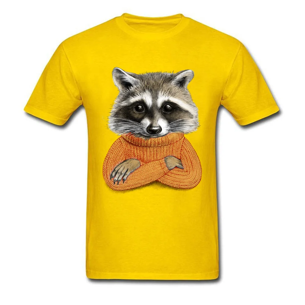 Normal Short Sleeve Tops Shirt Summer/Fall O-Neck 100% Cotton Men Tshirts Raccoon in winter sweater Normal Tee Shirts Fashion Raccoon in winter sweater yellow