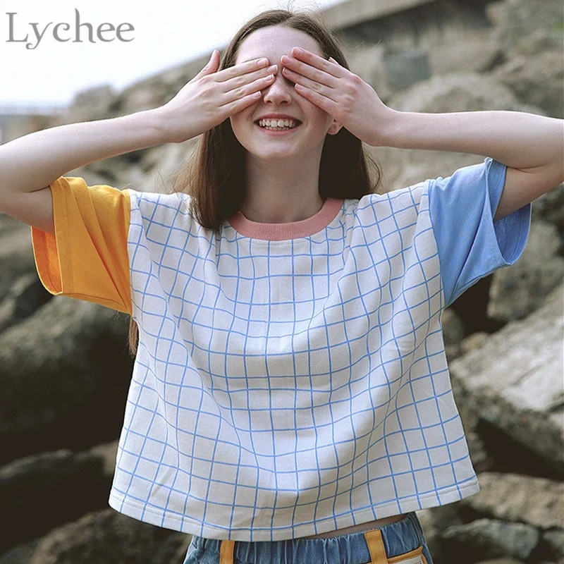 Lychee Harajuku Повседневная Свободная Летняя женская футболка клетчатая вышитая