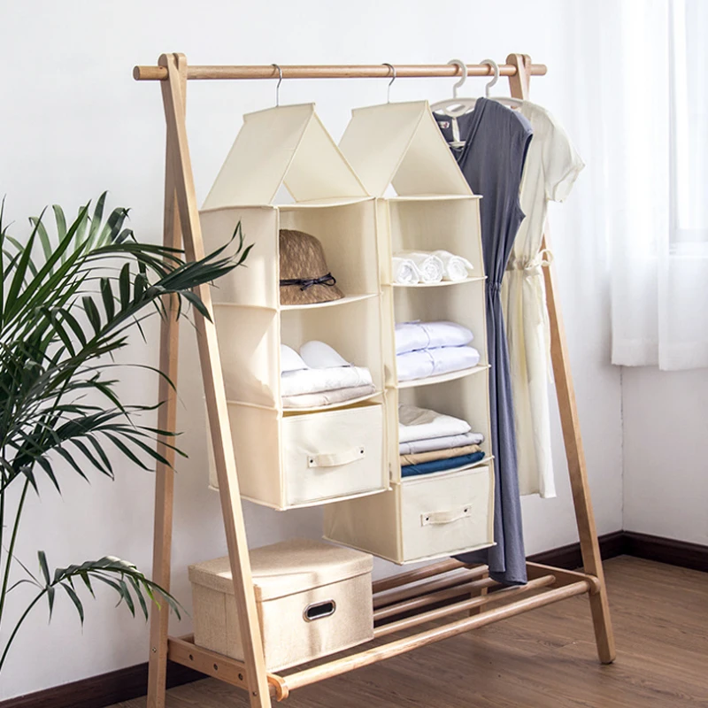 

Multi-layer storage hanging bag Wardrobe drawer type organizer box New cotton and linen Fold-able clothes storage hanging box