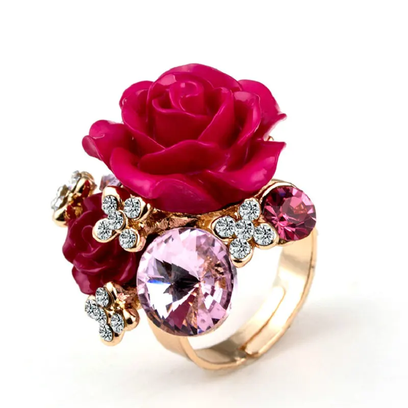 New Arrival 7 colors Resin Crystal Rose Flower Gold-Color Adjustable Women Wedding Fashion Statement Finger Rings