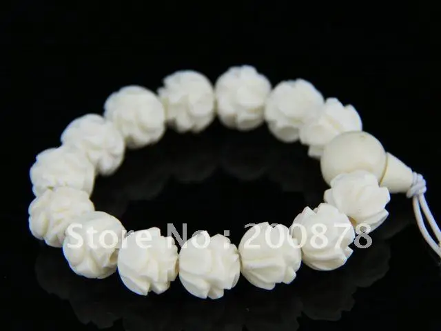 

Tibetan White Yak Bone Hand Carved Lotus Beaded Bracelet Stretch 14mm