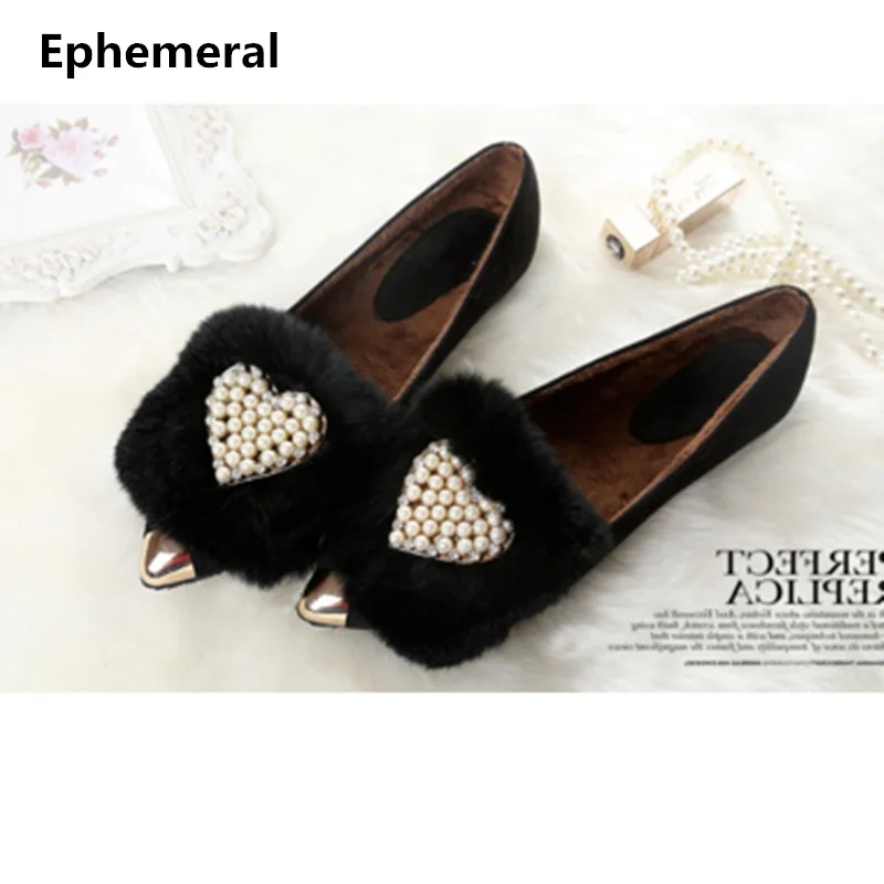 

Women Winter Shoes Plus Size E34-48 pointed Toe Flats Rabbit Hair Warm Loafers Crystal Slip-Ons Anti-Slip Comfortable Black Grey