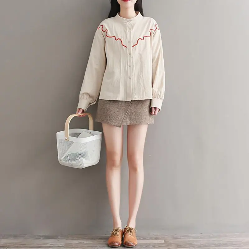 

Casual Blouse Stand Collar Loose Wavy Embroidered Cotton Shirt With Lanthorn Full Sleeves