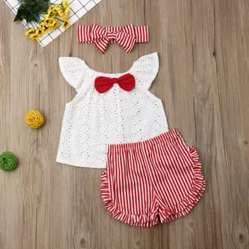 

New Fashion Toddler Baby Girls Kids Stripe Cotton Short Sleeve Tops Pants Headband Ruffle Summer Clothes 3pcs 3F12