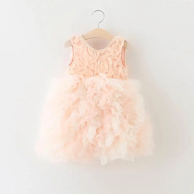 2016 Summer New Girl Princess Dress Rose Flower Tiered Dress Backless Fluffy Dress Children Clothing