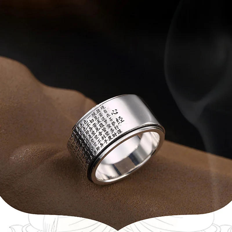 

New pure 999 sterling silver Chinese Buddhist scripture Rotatable Sanskrit Mantra Ring for men Power Lucky Ring Buddhism Jewelry