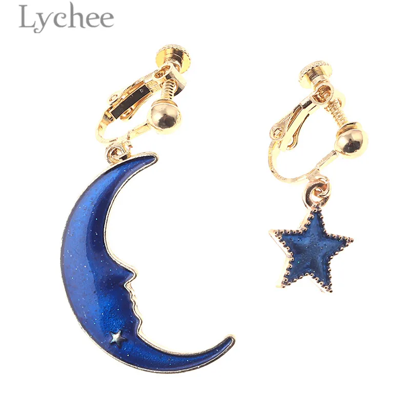 Lychee 1 пара асимметричные сплав звезда луна эмаль висячие серьги женские