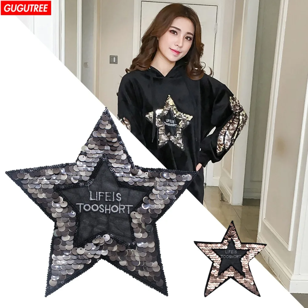 

GUGUTREE embroidery paillette big patches star patches five-pointed star patches badges patches for jackets