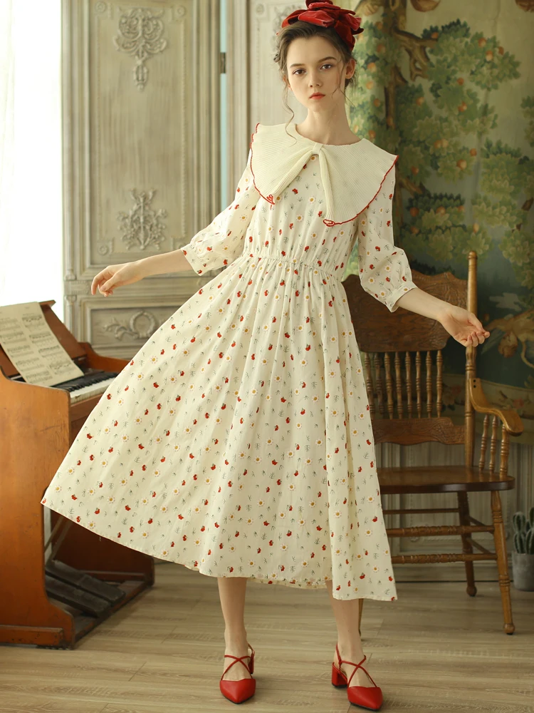 

LYNETTE'S CHINOISERIE Spring Summer Original Design Women Daisy Embroidery Cute Mori Girls Dresses