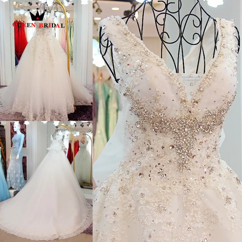 Бальное платье на заказ с v-образным вырезом, кружевное роскошное длинное свадебное платье с кристаллами и бисером, свадебное платье, robe de mariee Vestidos De Novia WS86