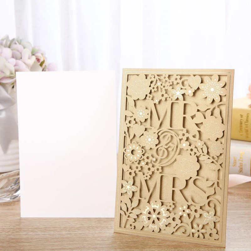 50pcs White Gold Blue Laser Cut Wedding Invitations Card MR&MRS Elegant Greeting Cards Envelopes Wedding Party Favors Decoration