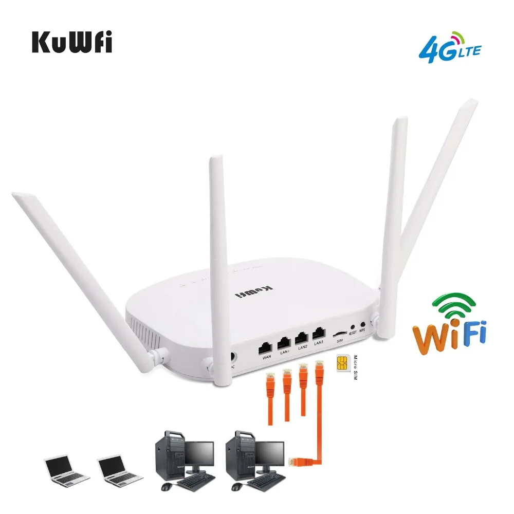 KuWfi 4G CPE маршрутизатор 3G/4G LTE Wifi 300 Мбит/с беспроводной роутер с 4 внешними антеннами
