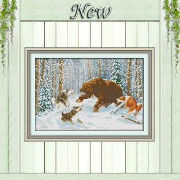 

Wolves and bear in the snow,Pattern print on canvas DMC 11CT 14CT Cross Stitch kit,needlework Set all embroidery,winter scenery